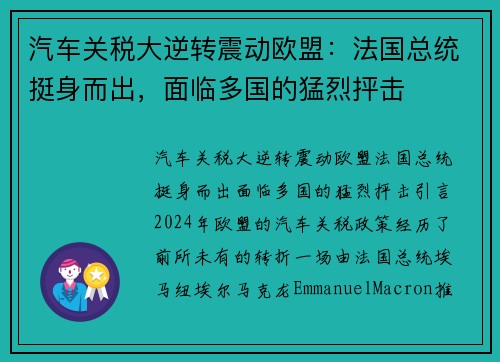 汽车关税大逆转震动欧盟：法国总统挺身而出，面临多国的猛烈抨击